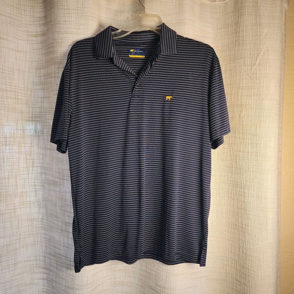 Jack Nicklaus Golf Shirt Men Medium Navy Blue Striped Custom Collar Logo